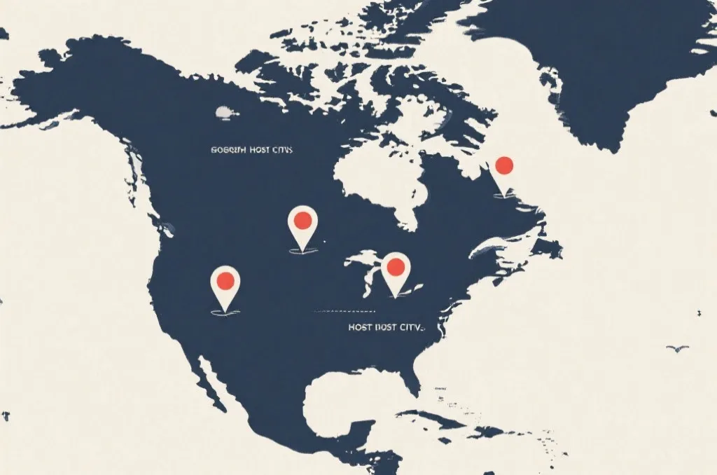 An artistic map graphic showing North America with marker pins representing generic host cities, minimalist style